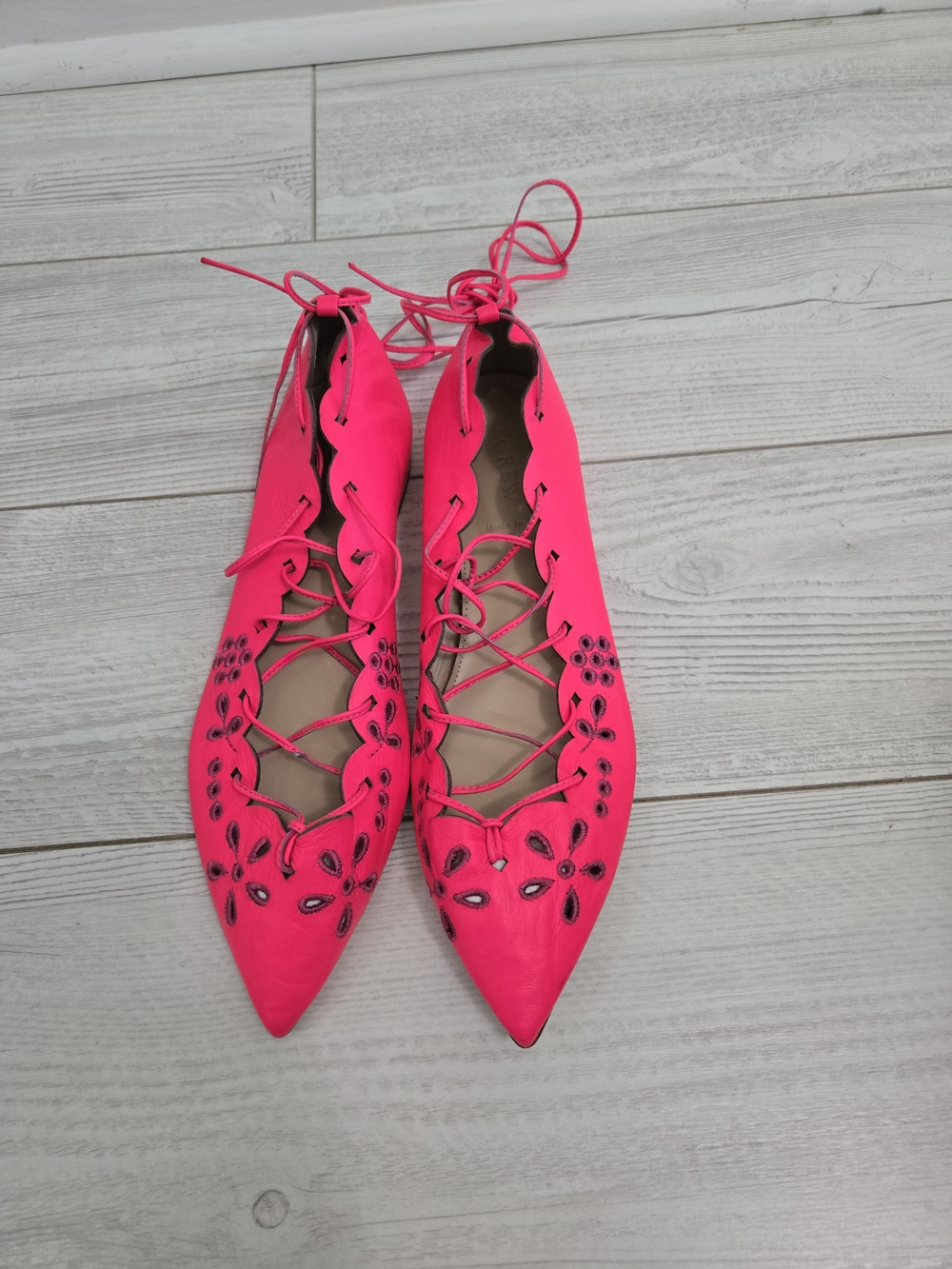 J. Crew Made In Italy Leather Neon Pink Lace-Up Pointed Toe Flats US 7,5